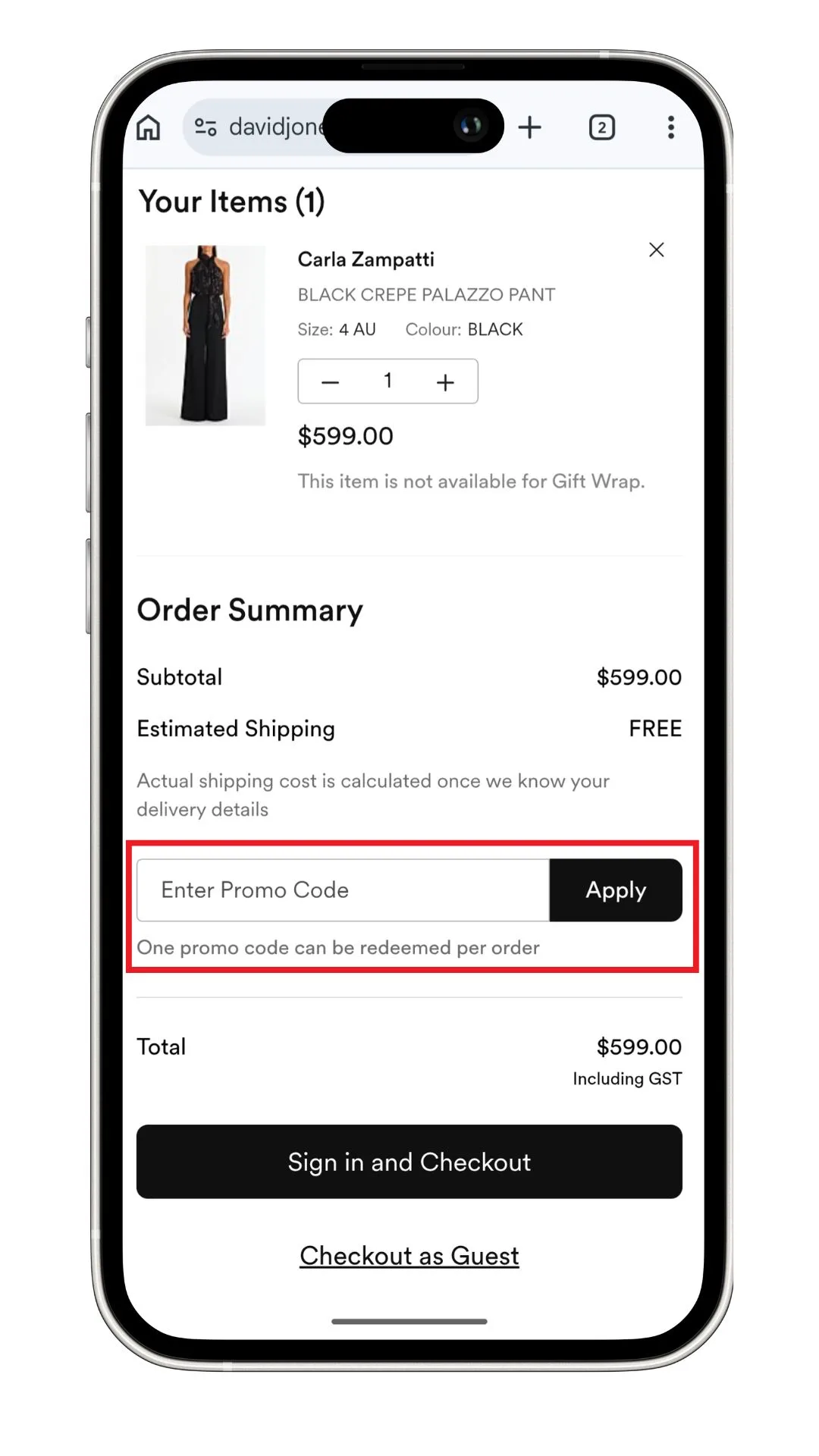 A David Jones promo code can be entered in your virtual shopping bag, as highlighted in this screenshot taken on a mobile.