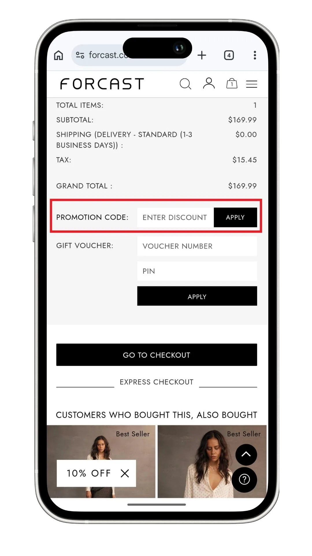 Add a Forcast discount code when reviewing what's in your shopping bag, as highlighted in this screenshot.