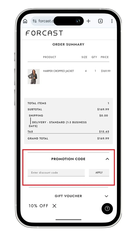 The Forcast discount code field at checkout.