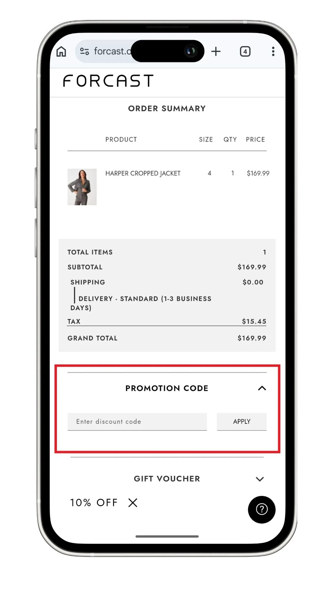 The Forcast discount code field at checkout.