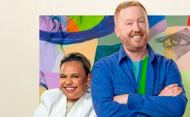 Luke McGregor, arms folded, stands next to Miranda Tapsell