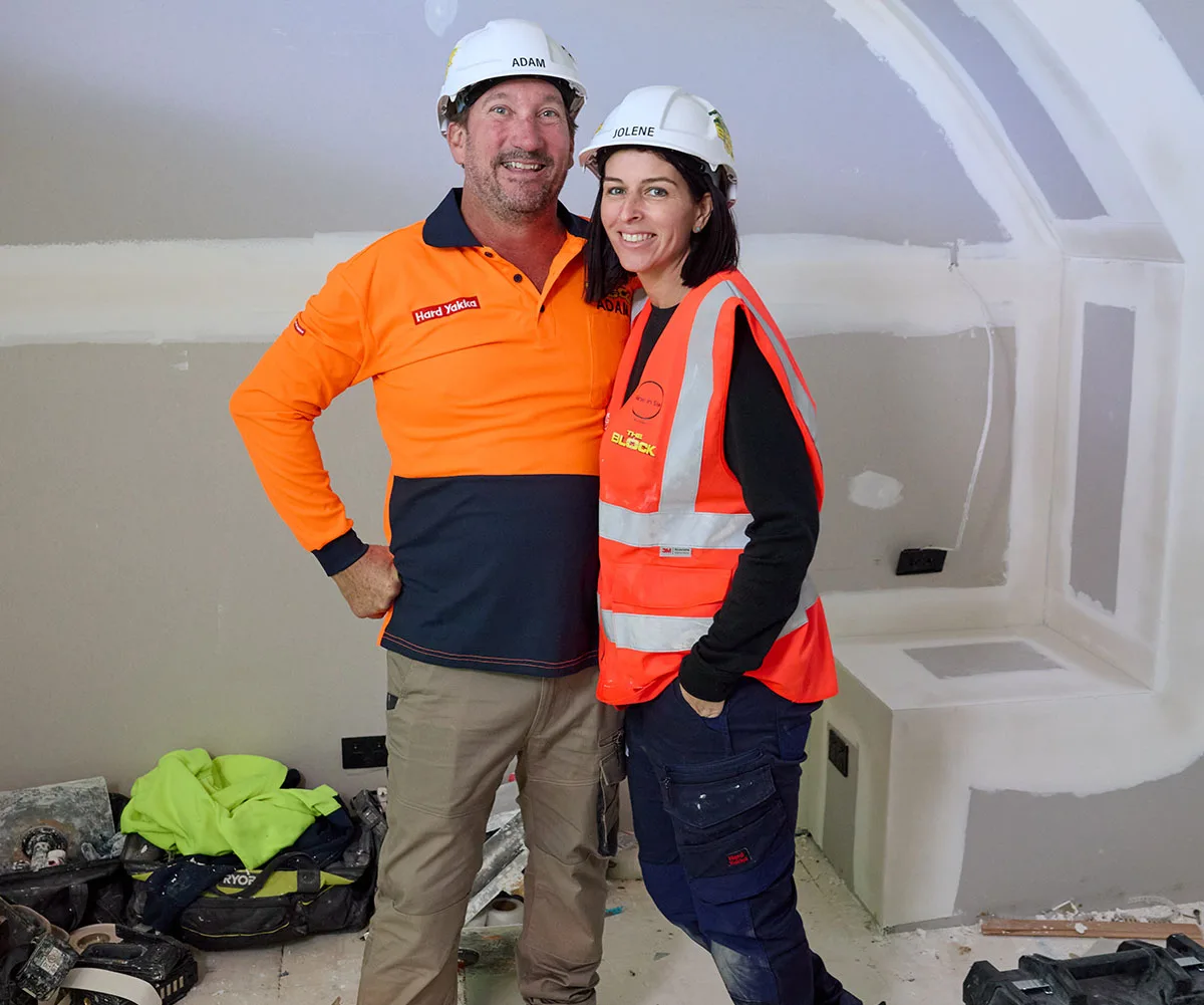Adam and Jolene on site on The Block.
