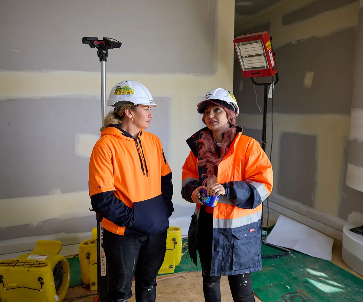 Courtney and Sev on site of The Block 2026.