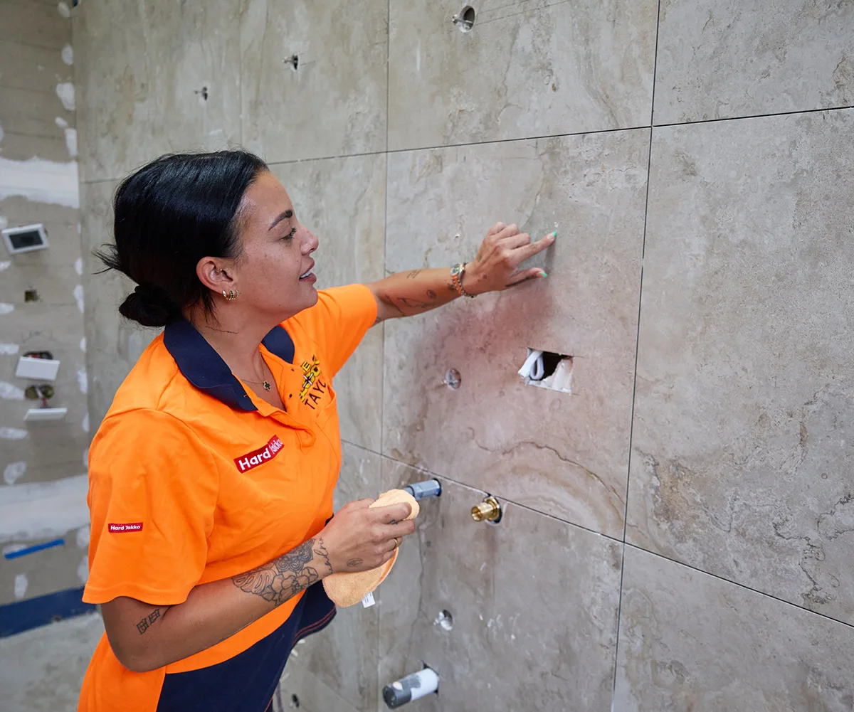 Tayla working on her bathroom on The Block 2026.