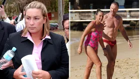 An image of Keli Lane in court an left and now with partner Patrick Cogan at beach.