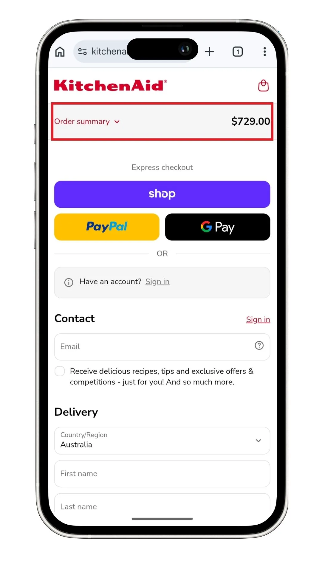 The KitchenAid discount code is in the order summary section, which you need to expand at checkout on mobile.