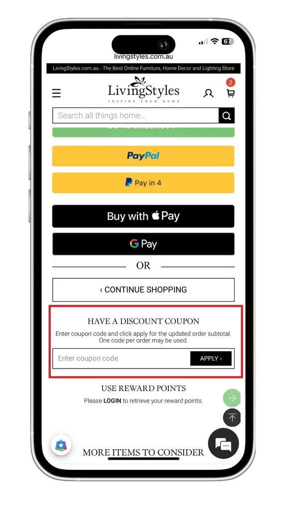 A Living Styles discount code can be added to your cart before heading to the checkout