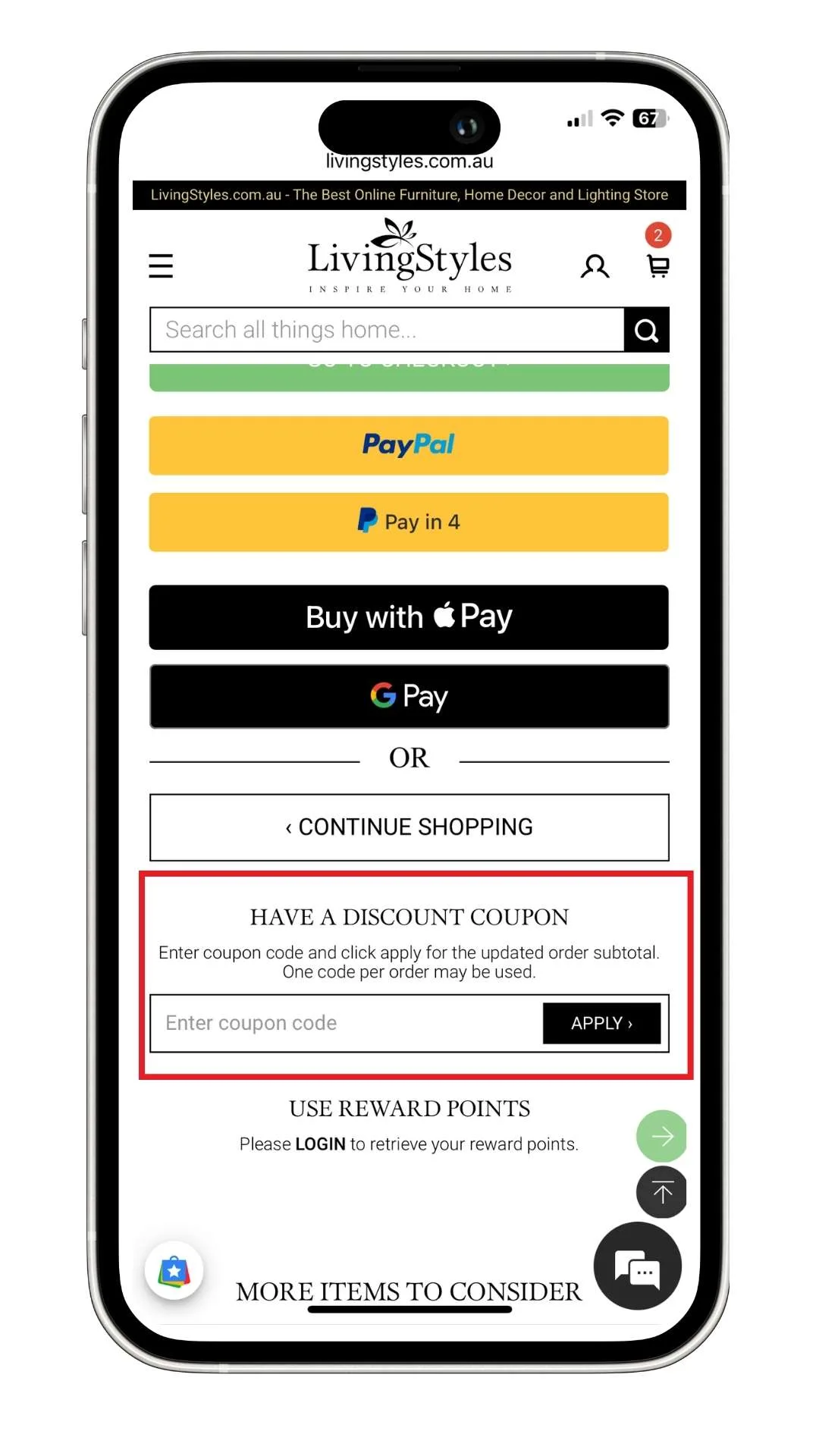 A Living Styles discount code can be added to your cart before heading to the checkout