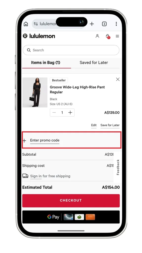 The Lululemon discount code field at checkout is revealed after clicking to expand the section labelled 'Enter promo code', highlighted here on mobile.