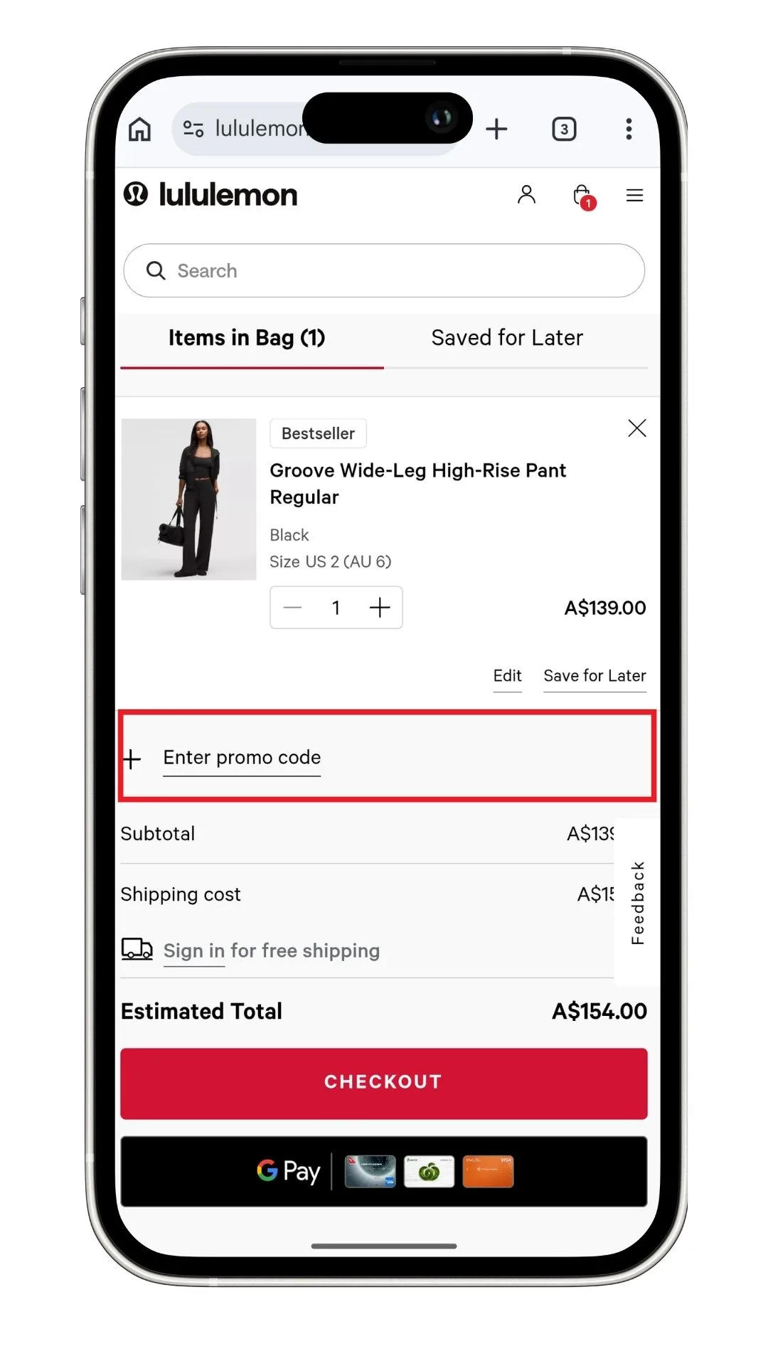 The Lululemon discount code field at checkout is revealed after clicking to expand the section labelled 'Enter promo code', highlighted here on mobile.