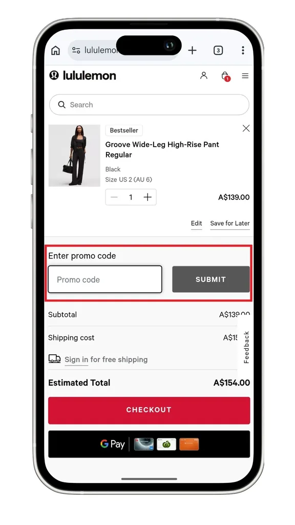 The Lululemon discount code field at checkout on mobile.