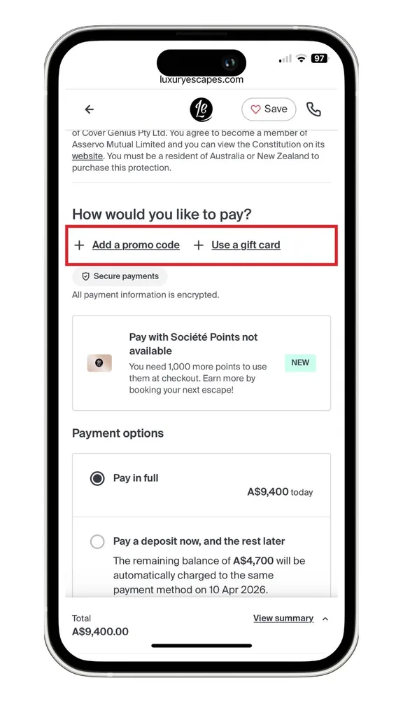 Adding a Luxury Escapes promo code at checkout starts with selecting this option, as highlighted in this screenshot on mobile.