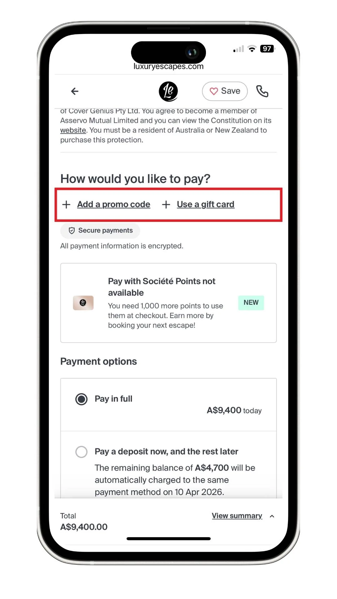 Adding a Luxury Escapes promo code at checkout starts with selecting this option, as highlighted in this screenshot on mobile.