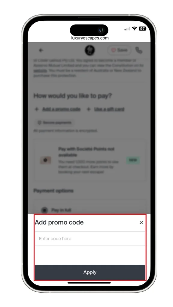 The Luxury Escapes promo code box pops up after selecting this option, as shown in this screenshot on mobile.