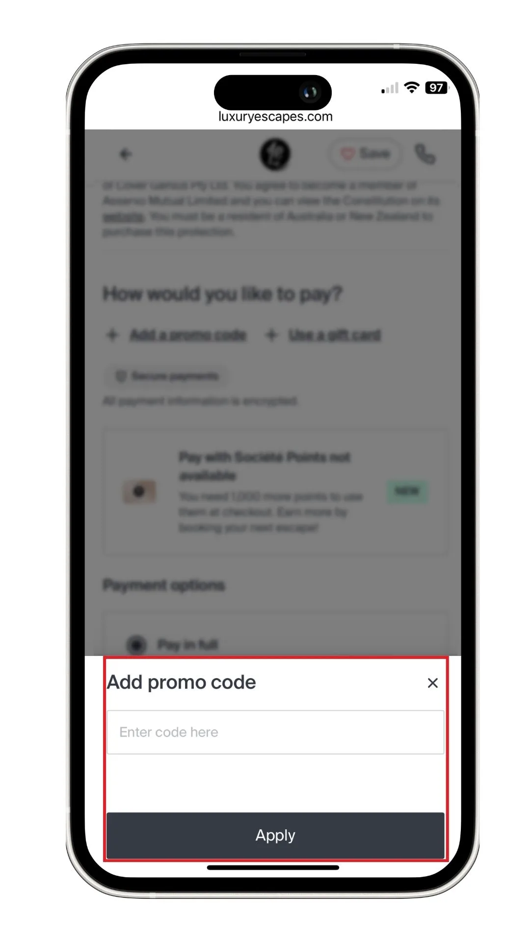 The Luxury Escapes promo code box pops up after selecting this option, as shown in this screenshot on mobile.