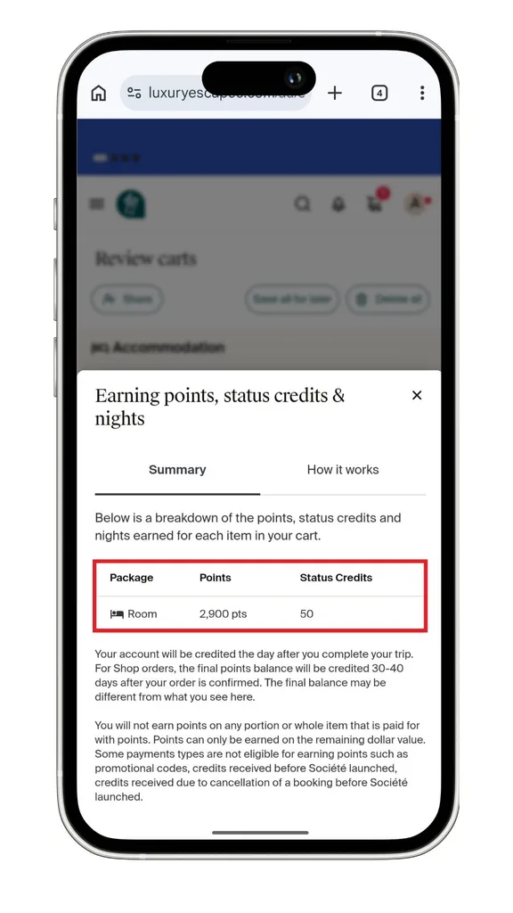 As well as adding a Luxury Escapes promo code at the checkout, you can see how many reward points and status credits you earn.