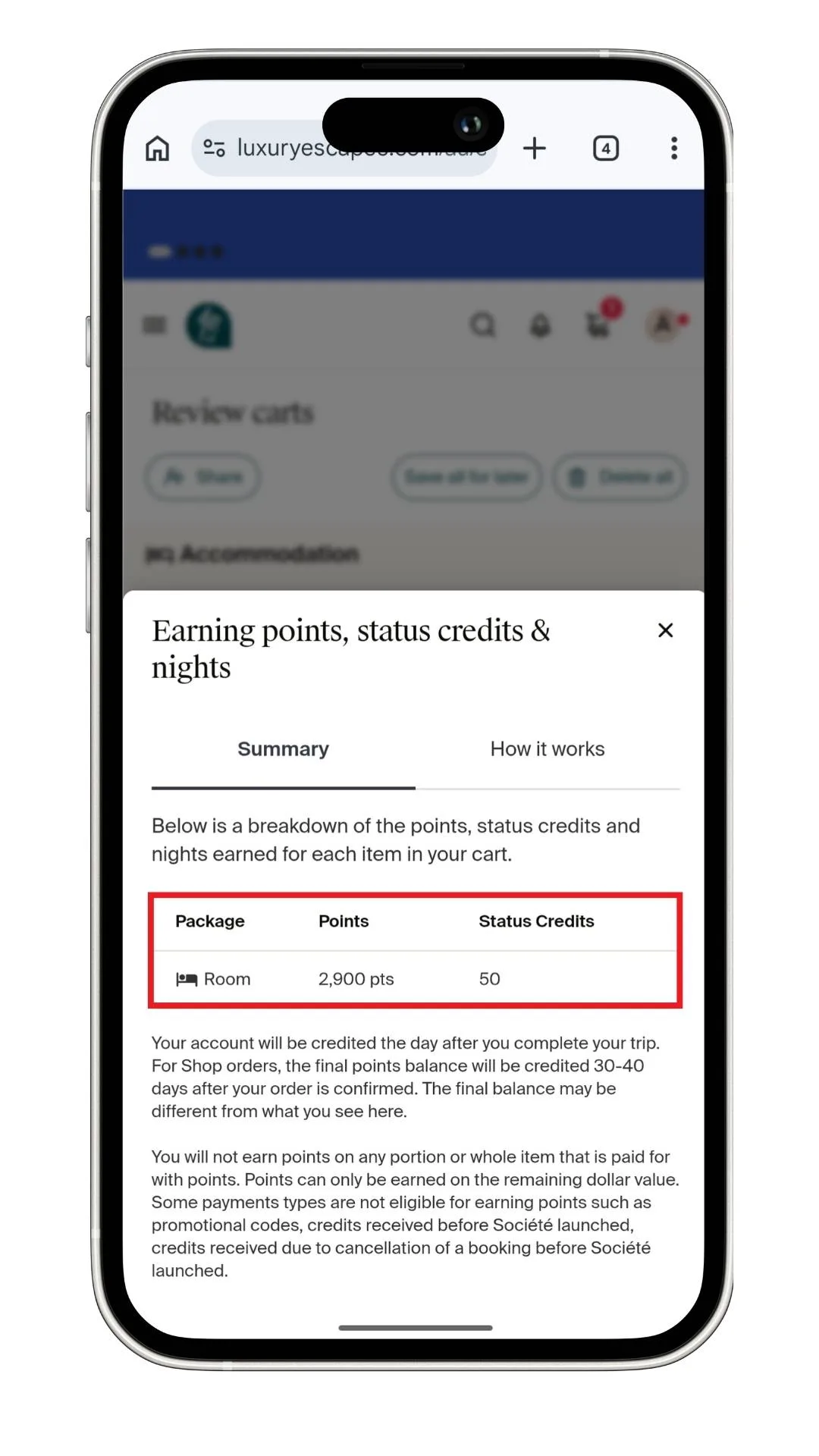 As well as adding a Luxury Escapes promo code at the checkout, you can see how many reward points and status credits you earn.