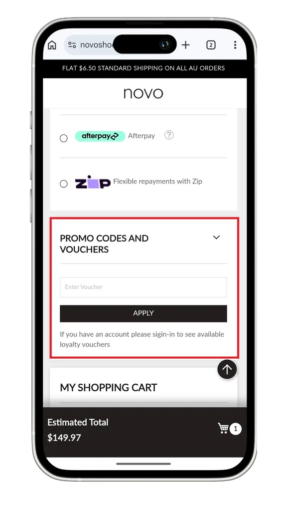 A Novo discount code can be added at the checkout, with a dedicated promo code and voucher section as highlighted in this screenshot on mobile.