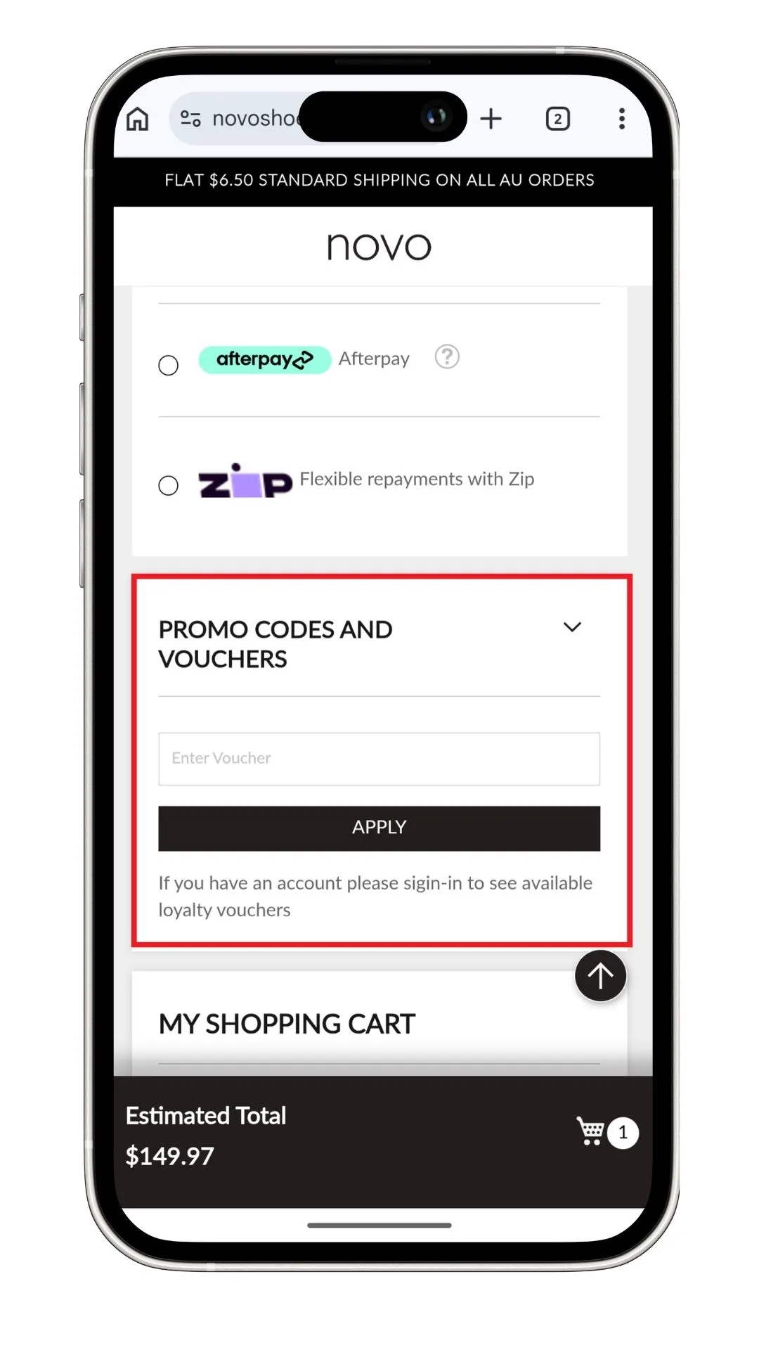 A Novo discount code can be added at the checkout, with a dedicated promo code and voucher section as highlighted in this screenshot on mobile.