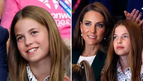Princess Charlotte and Kate Middleton watching netball at the Commonwealth Games