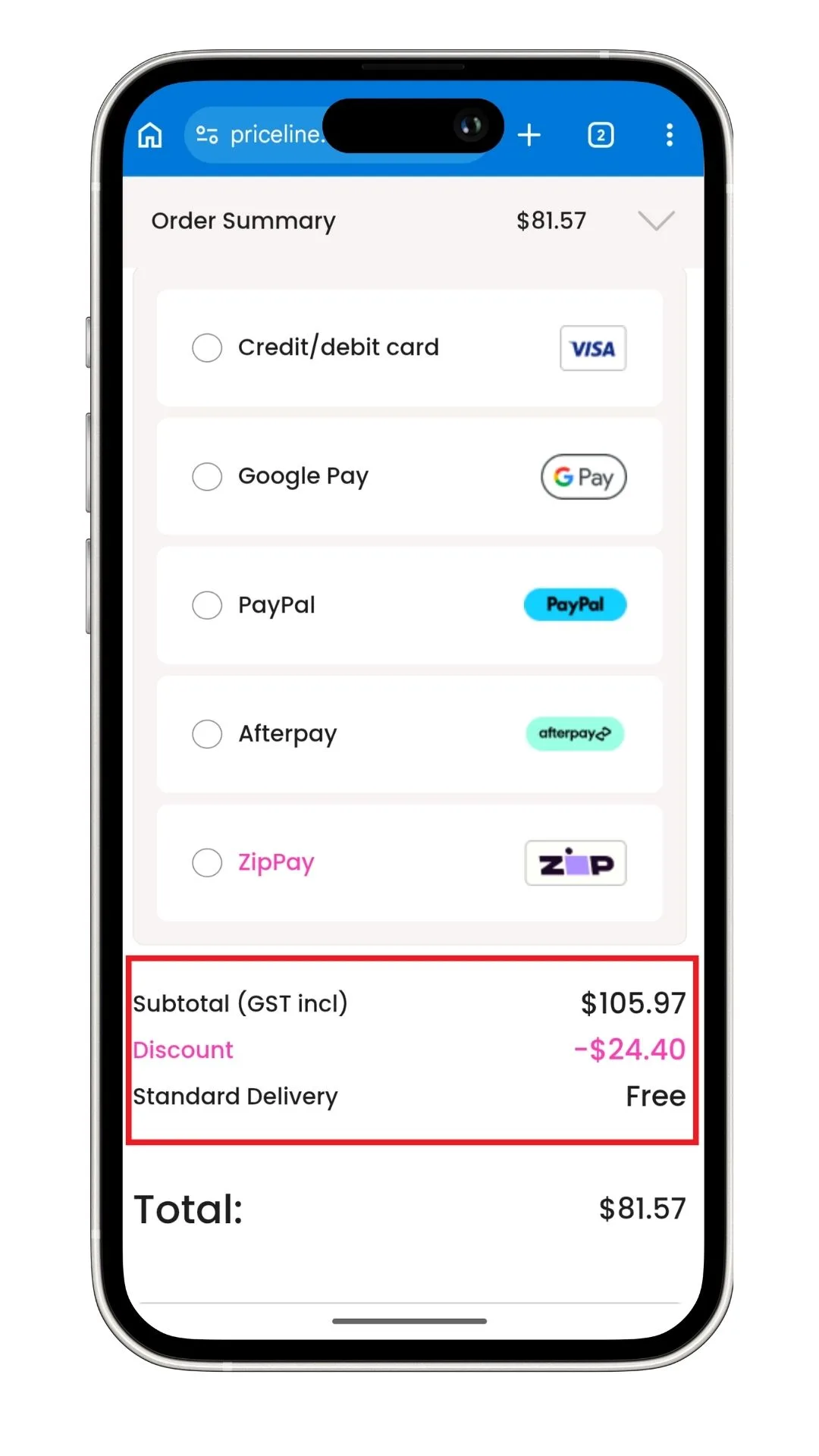 Priceline discount code guide: A screenshot of the checkout highlighting the order subtotal and discounts.