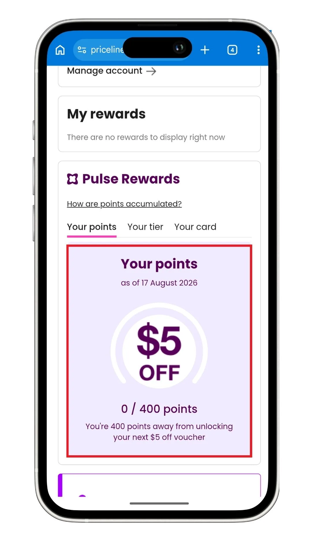 Priceline discount code guide: A screenshot of a Pulse Rewards $5 discount voucher balance showing no vouchers available.