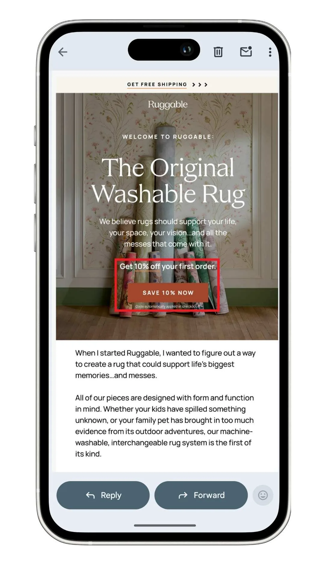 The Ruggable discount code welcome email I got for 10% off the first order after subscribing to the newsletter.