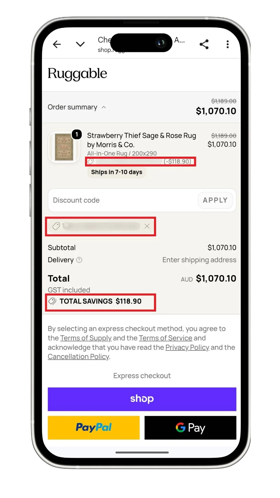The 10% first-order Ruggable discount code I got, applied to the checkout.