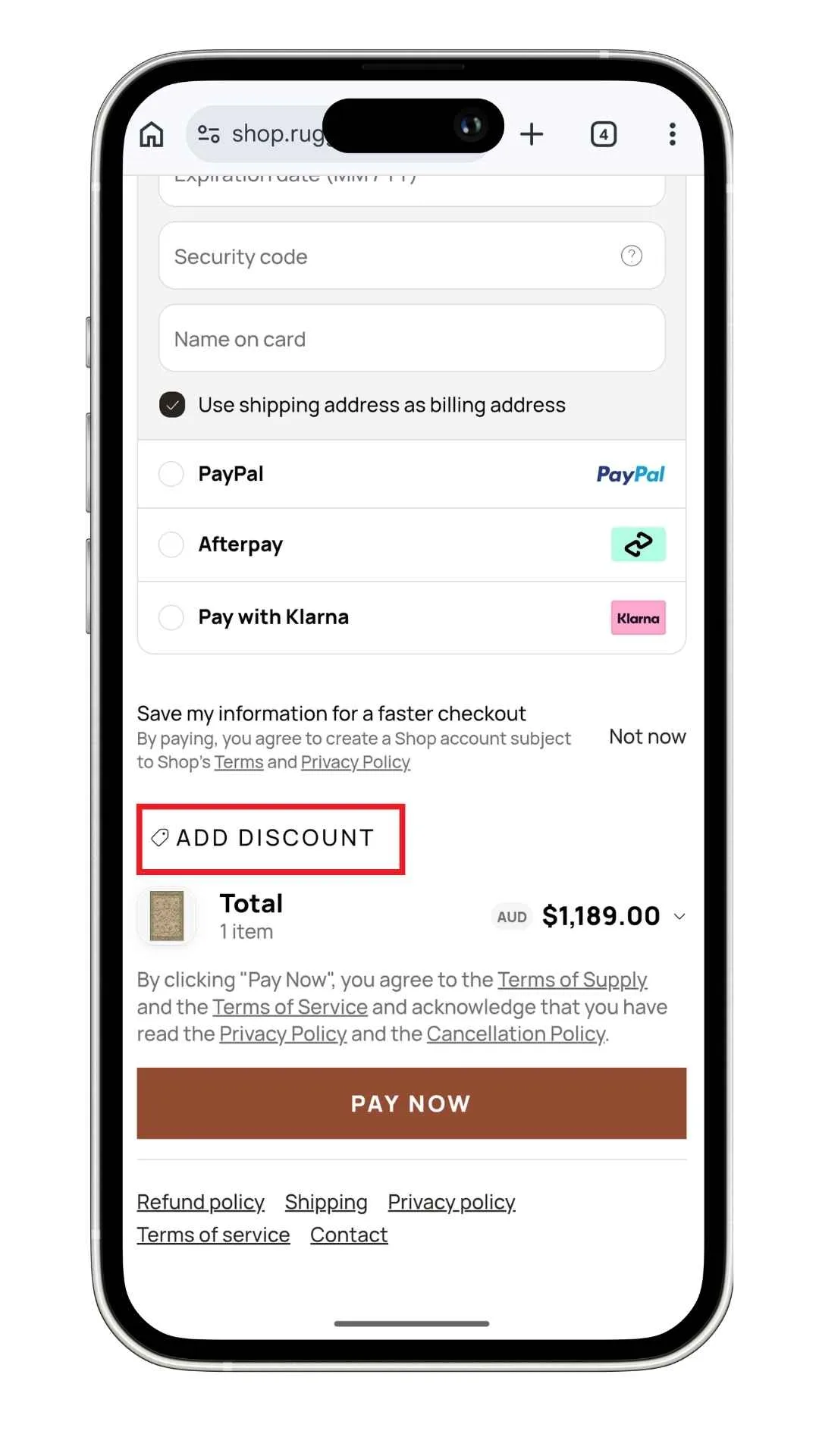 Where to click to add a Ruggable discount code before paying on mobile. You can also expand the order summary instead.