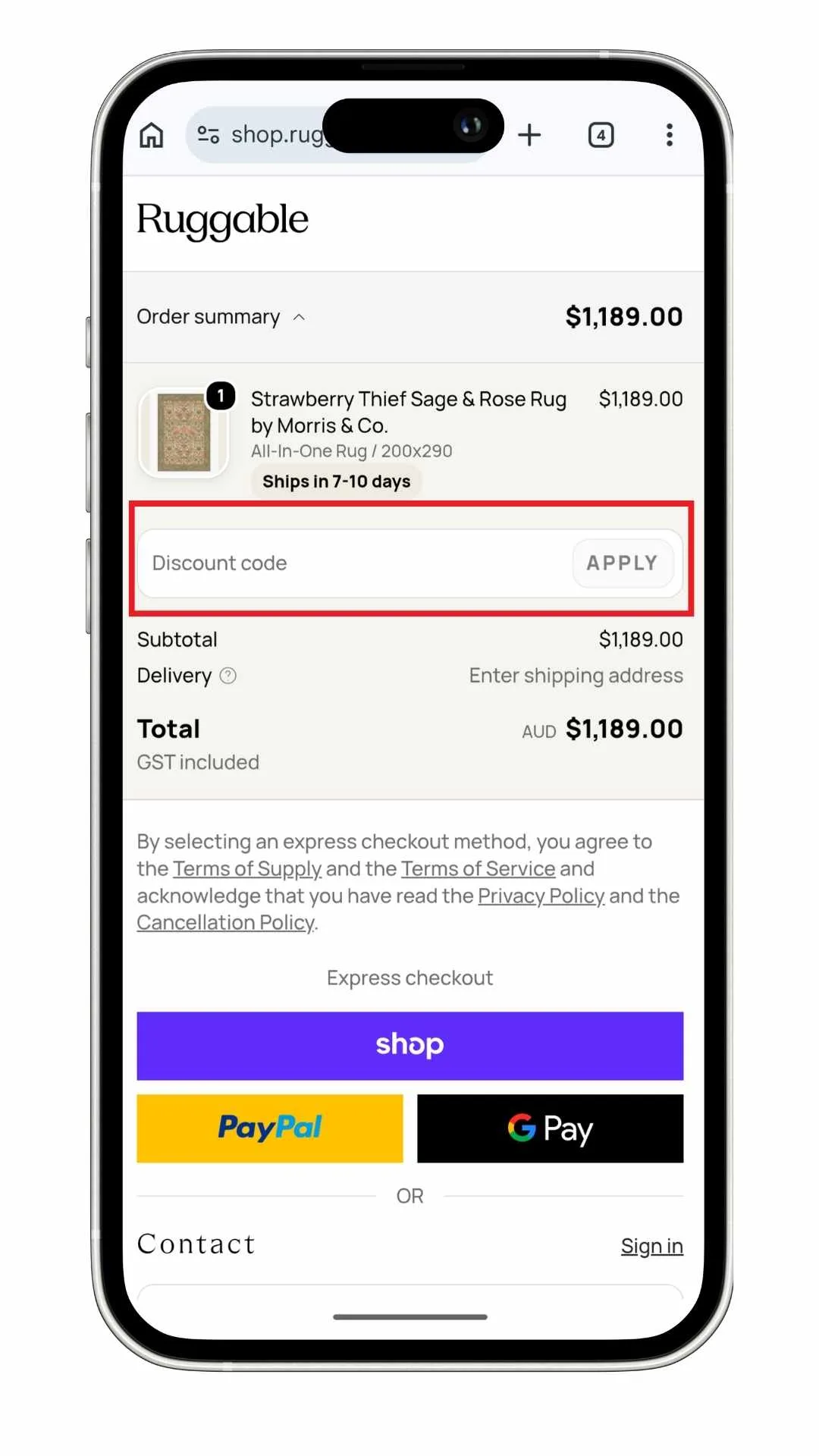 The Ruggable discount code field in the order summary at checkout on mobile.