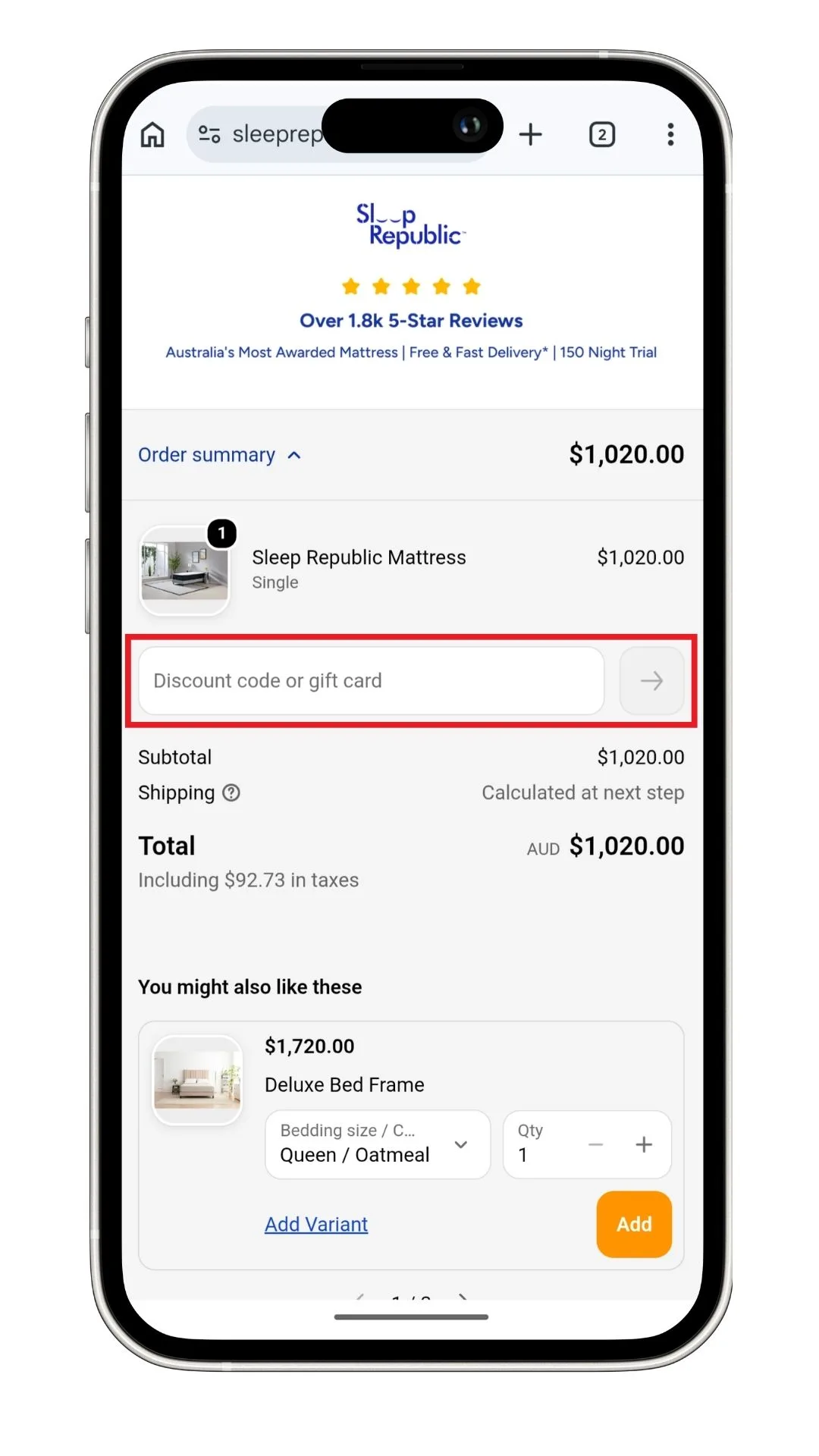 The Sleep Republic discount code field on mobile.