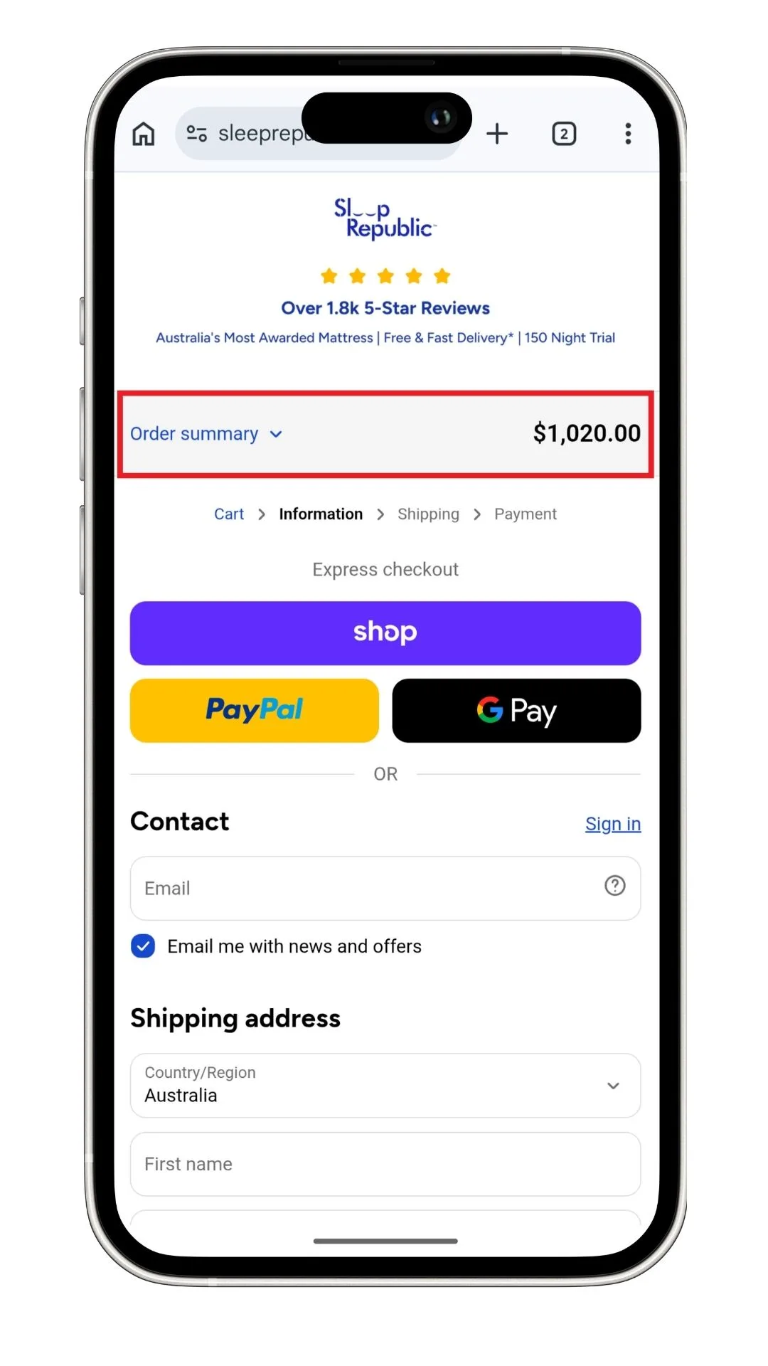 The Sleep Republic discount code isn't visible on mobile until you click to expand the order summary, highlighted in this screenshot.