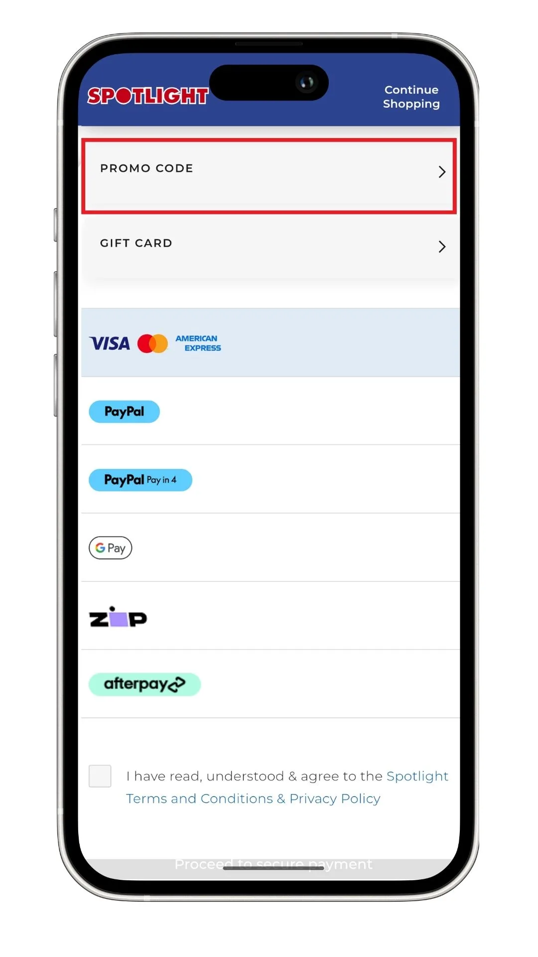 The Spotlight promo code option at checkout, which shoppers can select to add a code.