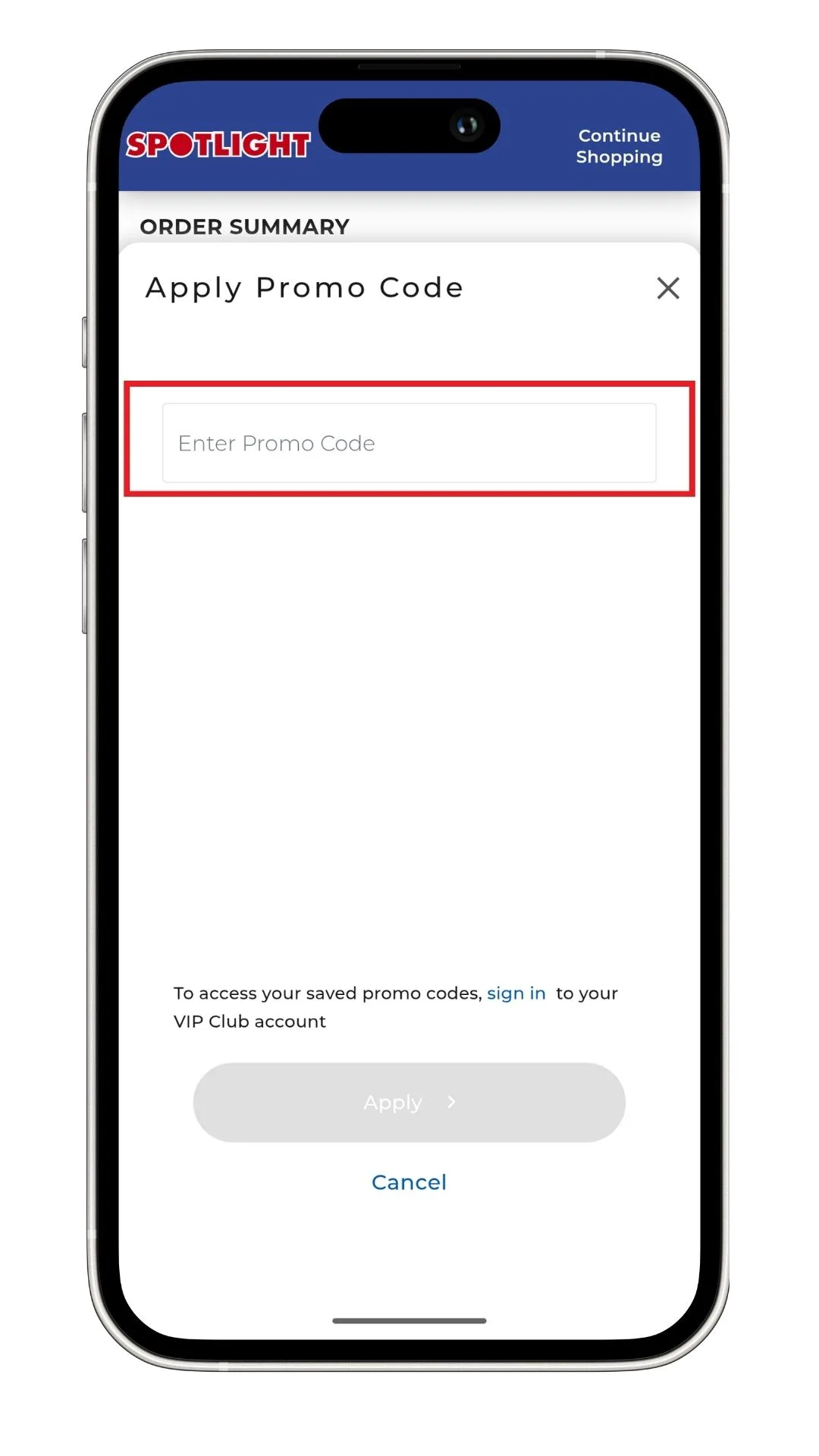 The Spotlight promo code pop-up at the checkout on mobile.