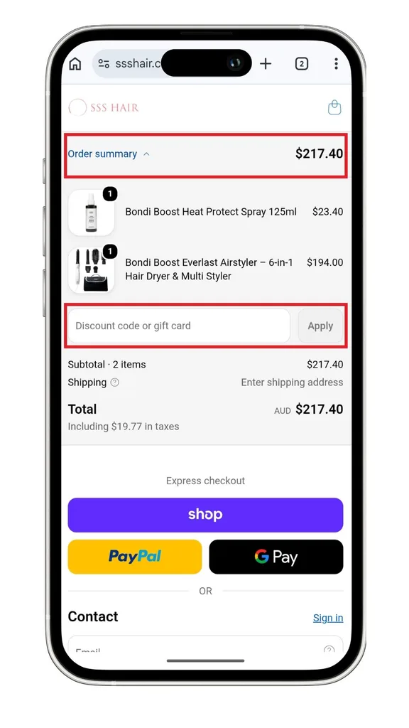 The SSS Hair discount code field in the order summary at checkout.