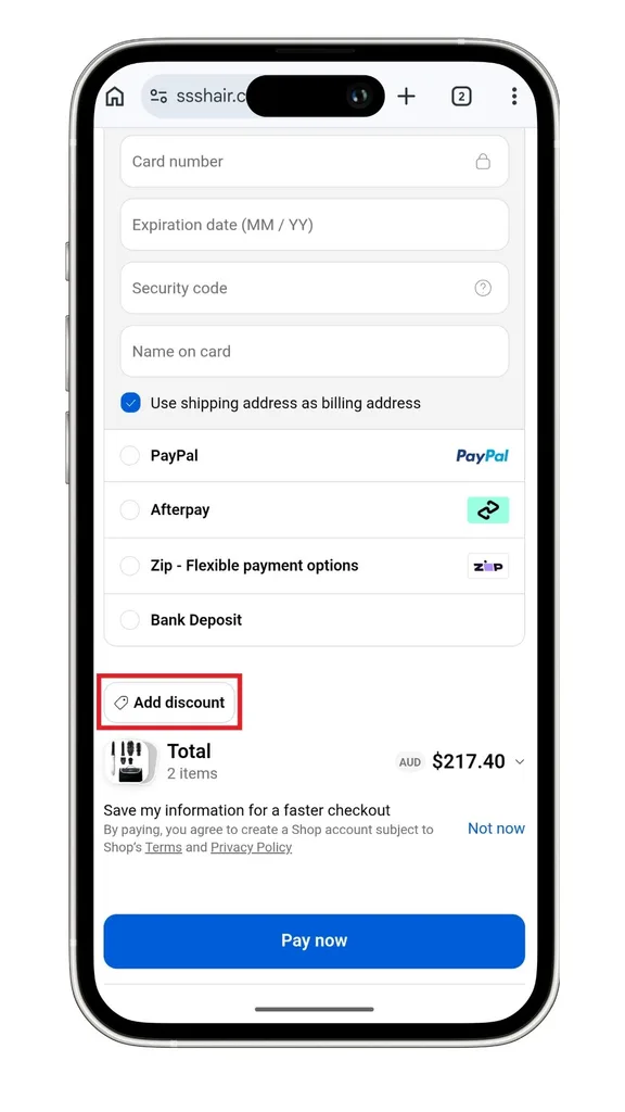 An SSS Hair discount code can also be added at the checkout on mobile by clicking on 'Add discount' before the 'Pay now' button, then entering your code in the field that appears.