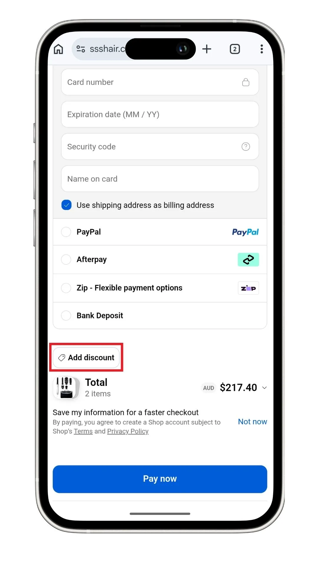 An SSS Hair discount code can also be added at the checkout on mobile by clicking on 'Add discount' before the 'Pay now' button, then entering your code in the field that appears.