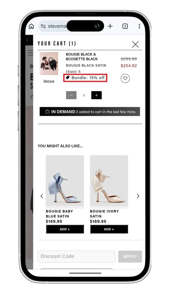 Beyond a Steve Madden discount code, bundles are an easy way to save 15% on shoe and bag sets. Here, the discount has been applied to my cart for a bundle I wanted.