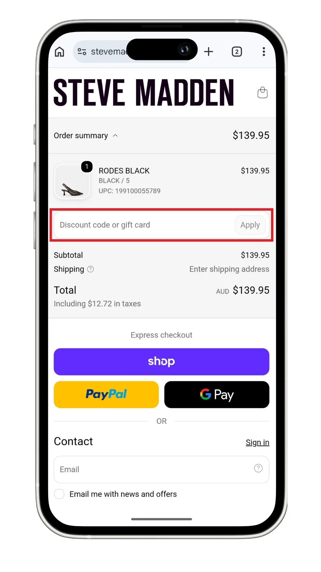 The Steve Madden discount code field at checkout on mobile, which you can view after clicking to expand the order summary.