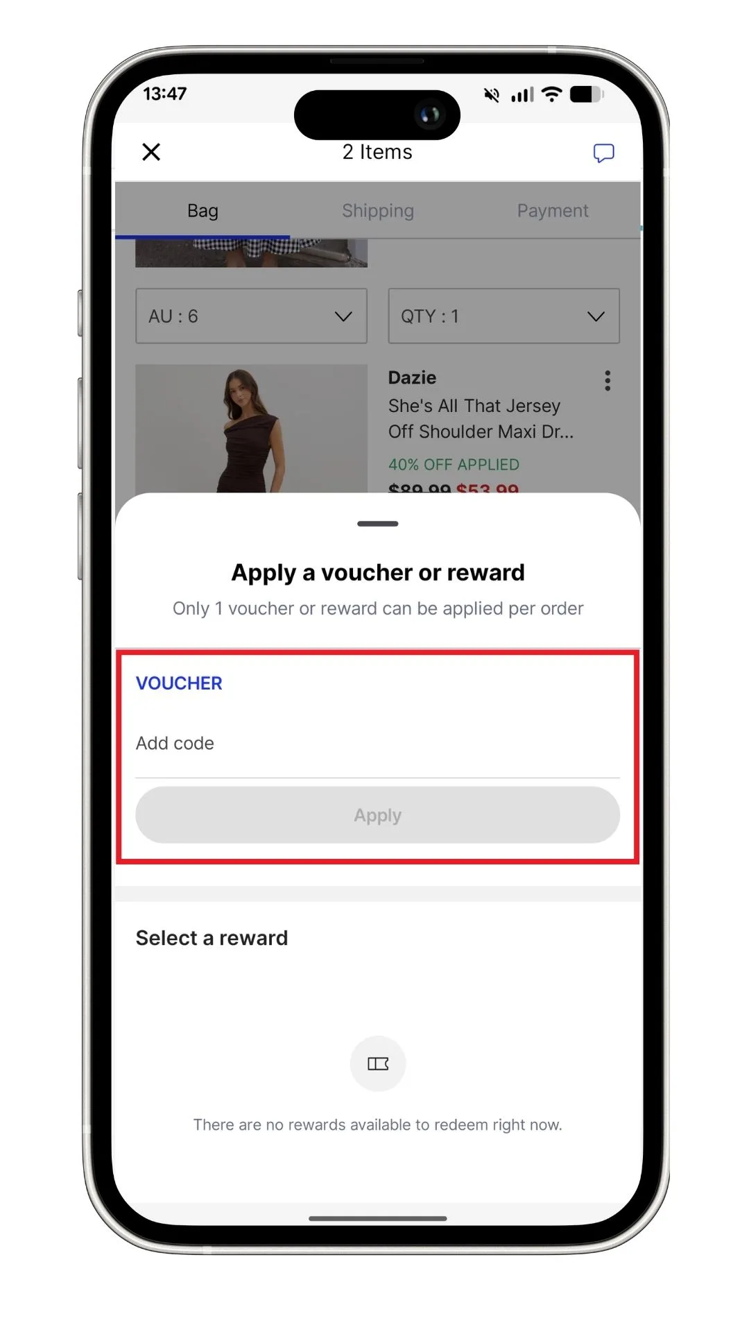 THE ICONIC discount code field in the app.