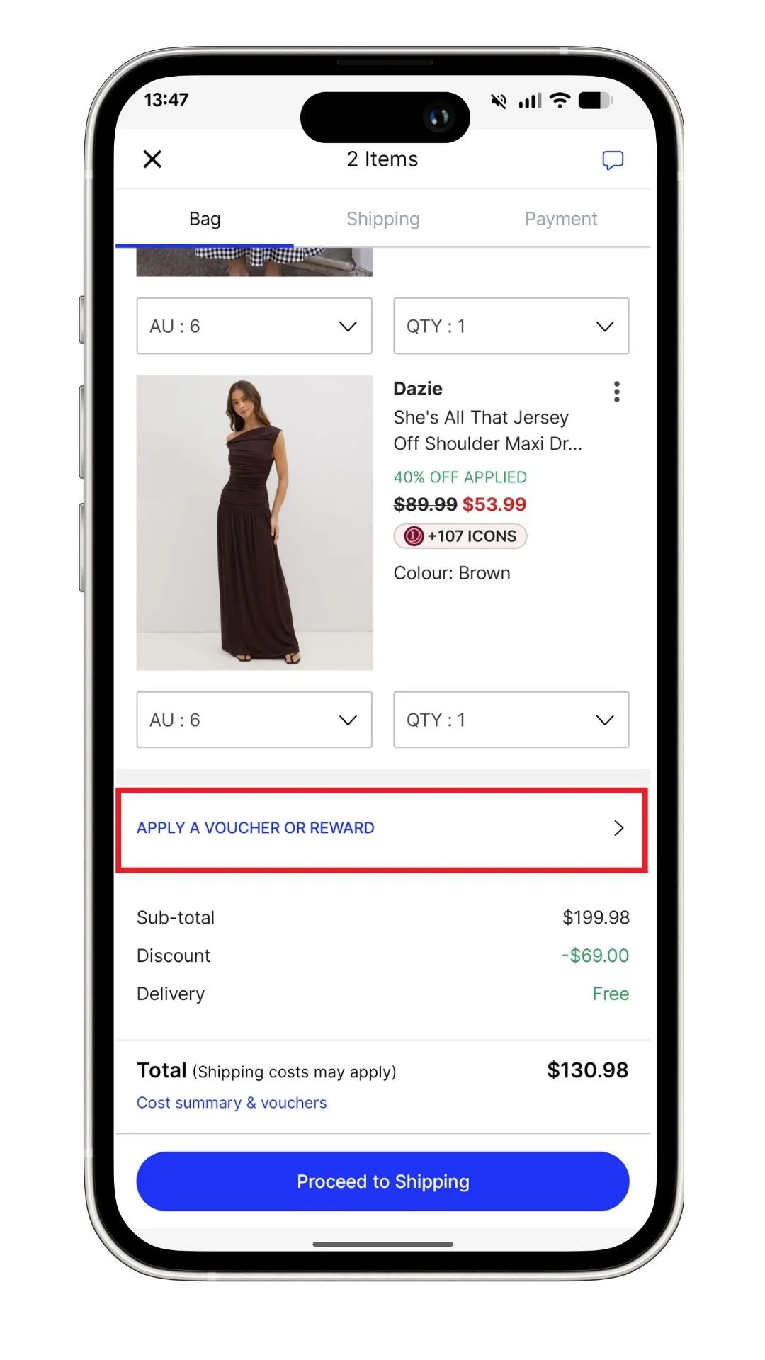 THE ICONIC discount code vouchers and rewards can be added in the app by clicking on 'APPLY A VOUCHER OR REWARD', highlighted here in a screenshot I took at the checkout.