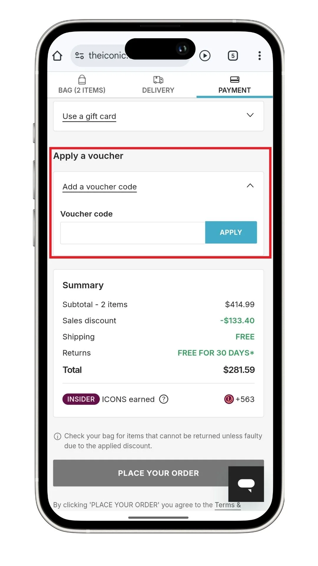 THE ICONIC discount code and voucher details can be entered at the checkout as highlighted here on mobile.