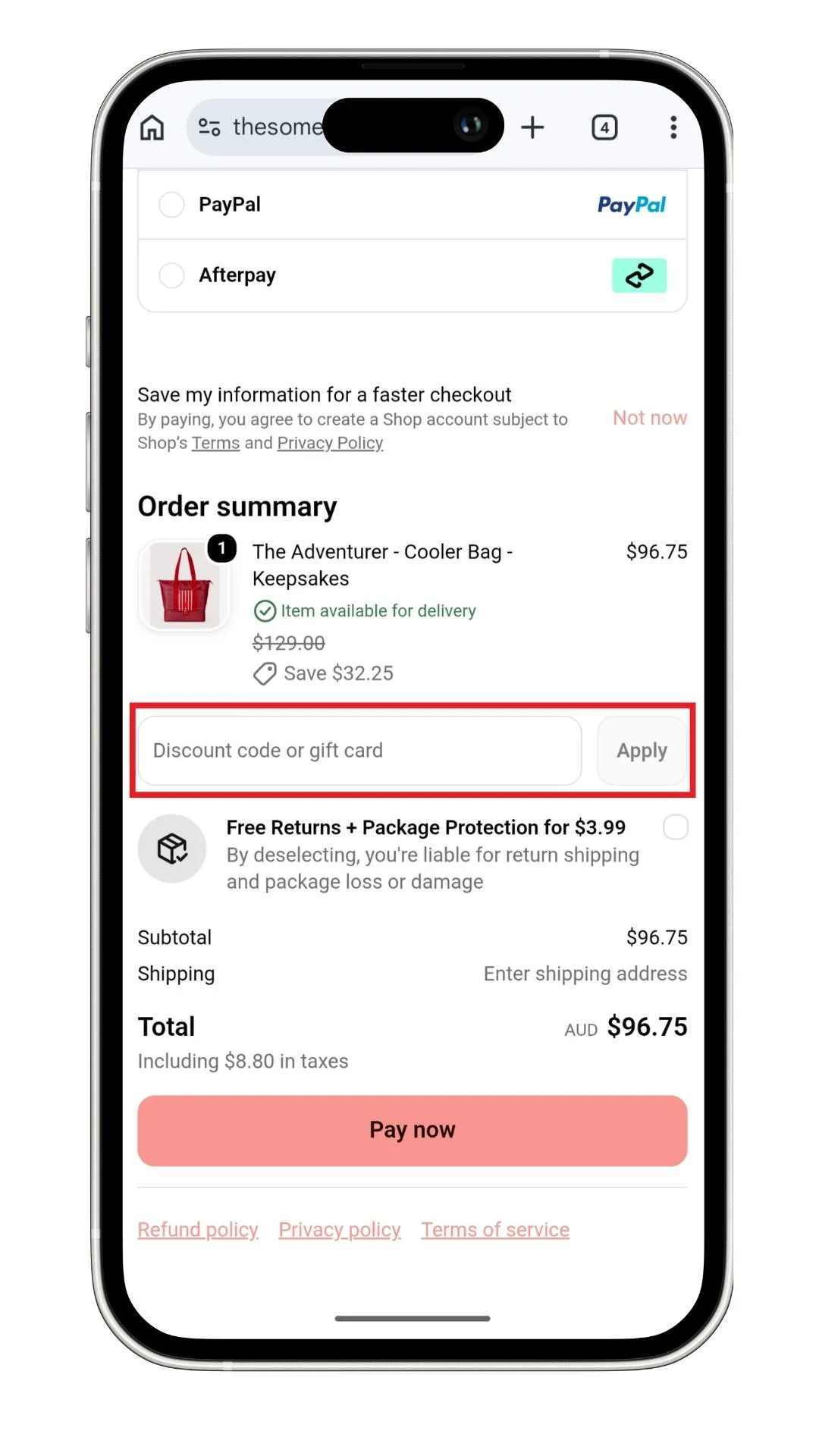 The Somewhere Co discount code field is also visible at the end of the checkout, before the final payment button, as highlighted in this screenshot on my mobile.