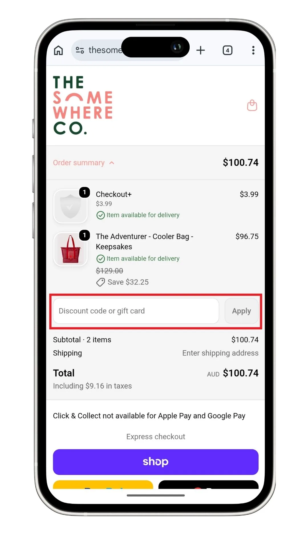 The Somewhere Co discount code field at the start of the checkout, in the order summary. This section was already expanded on mobile when I checked.