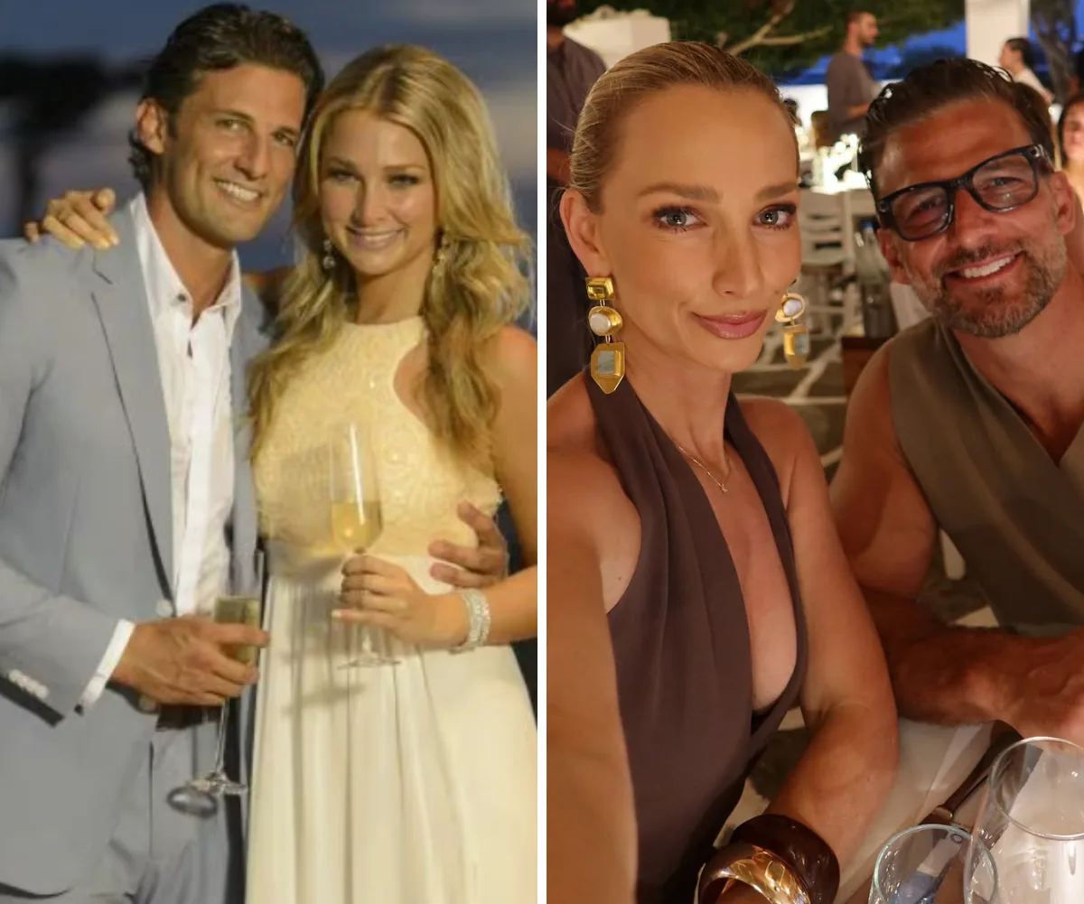 Tim and Anna Robards pictured on The Bachelor in 2013 and on holiday in 2026