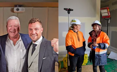 Scott Cam with Luke Packham in left image. Courtney and Sev on site of The Block in right image.