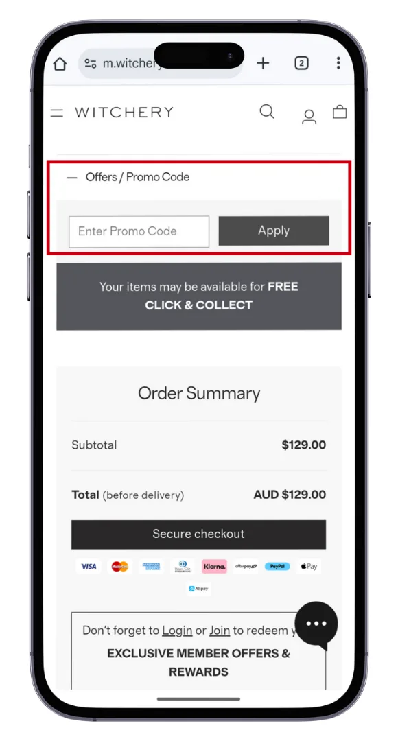 The Witchery discount code field at checkout.