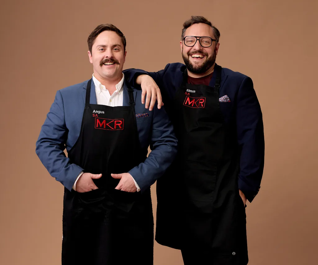 Angus and Simon in their MKR aprons.