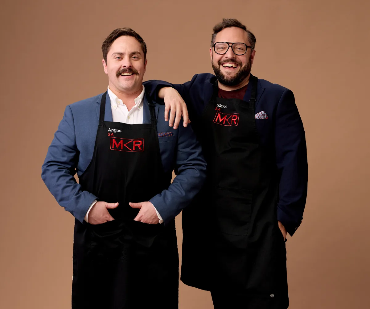 Angus and Simon in their MKR aprons.