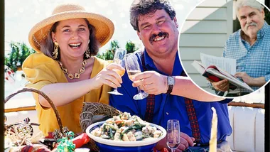 Huey and Healthy, Wealthy and Wise co-host Tonia Todman clinking champagne glasses.